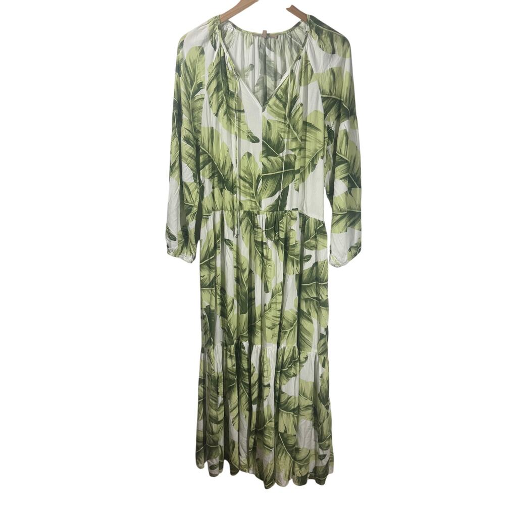 My Danielle Tropical Palm Banana Leaf Boho Dress Cream Green Beach Coastal Vacay